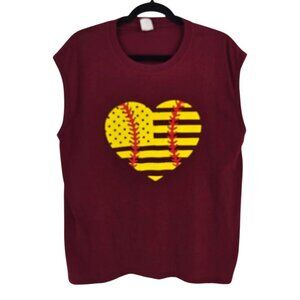 Maroon Yellow red Baseball Softball heart graphic sleeveless tee womens size XL
